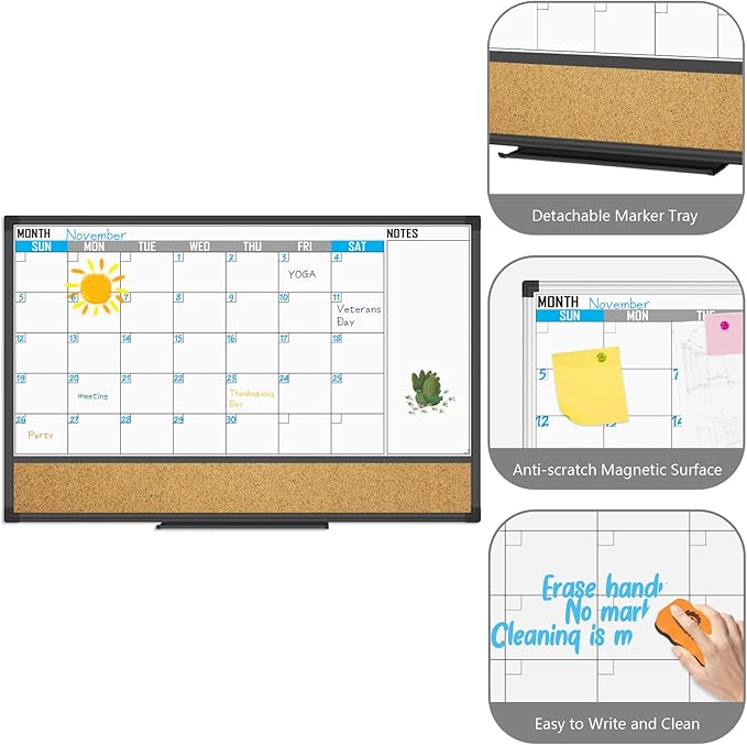 XBoard Dry Erase Calendar Whiteboard 48 X 36 - Combo White Board Calendar Monthly, Magnetic White Board + Corkboard with Black Aluminum Frame, Colorful Push Pins & Marker Tray Included
