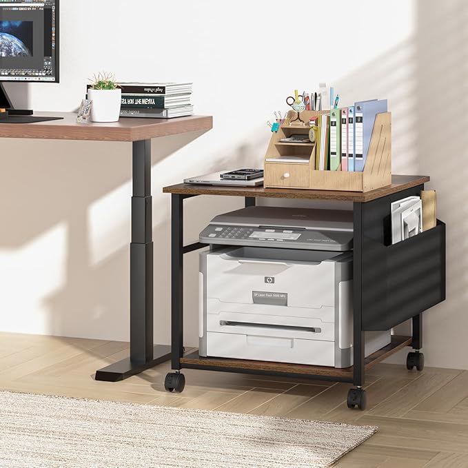 Lerliuo Large Printer Stand with Storage Shelf, 23.6 x 23.6 x 22.8 Industrial Printer Table for Home Office, Rolling Printer Cart Holder with Lockable Wheels, Mobile Mini Fridge Stand Table (Brown)