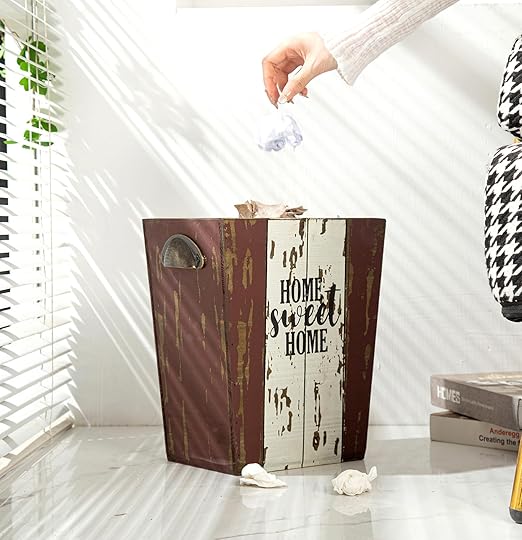 Small Wood Trash Can Wastebasket, Farmhouse Rectangular Garbage Can Waste Basket, Rustic Distressed Wooden Trash Recycling Bin with Metal Handles, Home Sweet Home Wood Storage Basket (Distressed)