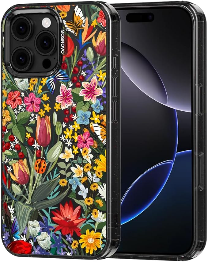 MOSNOVO Case for iPhone 16 Pro Max, [10ft 4X Military-Grade Drop Protection] Durable & Shockproof Phone Case Cover Design for iPhone 16 Pro Max - in The Garden - Clear Black