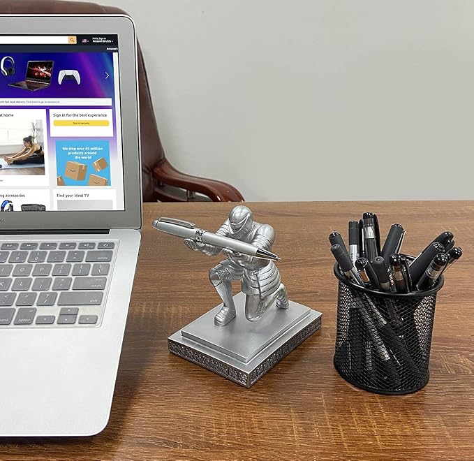 Executive Knight Pen Holder with A Cool Pen, Home Office Desk Organizers Decor Resin Pen Holder, Christmas Gift Idea for Dad, Uncle, Man, Boyfriend, Friends Silver
