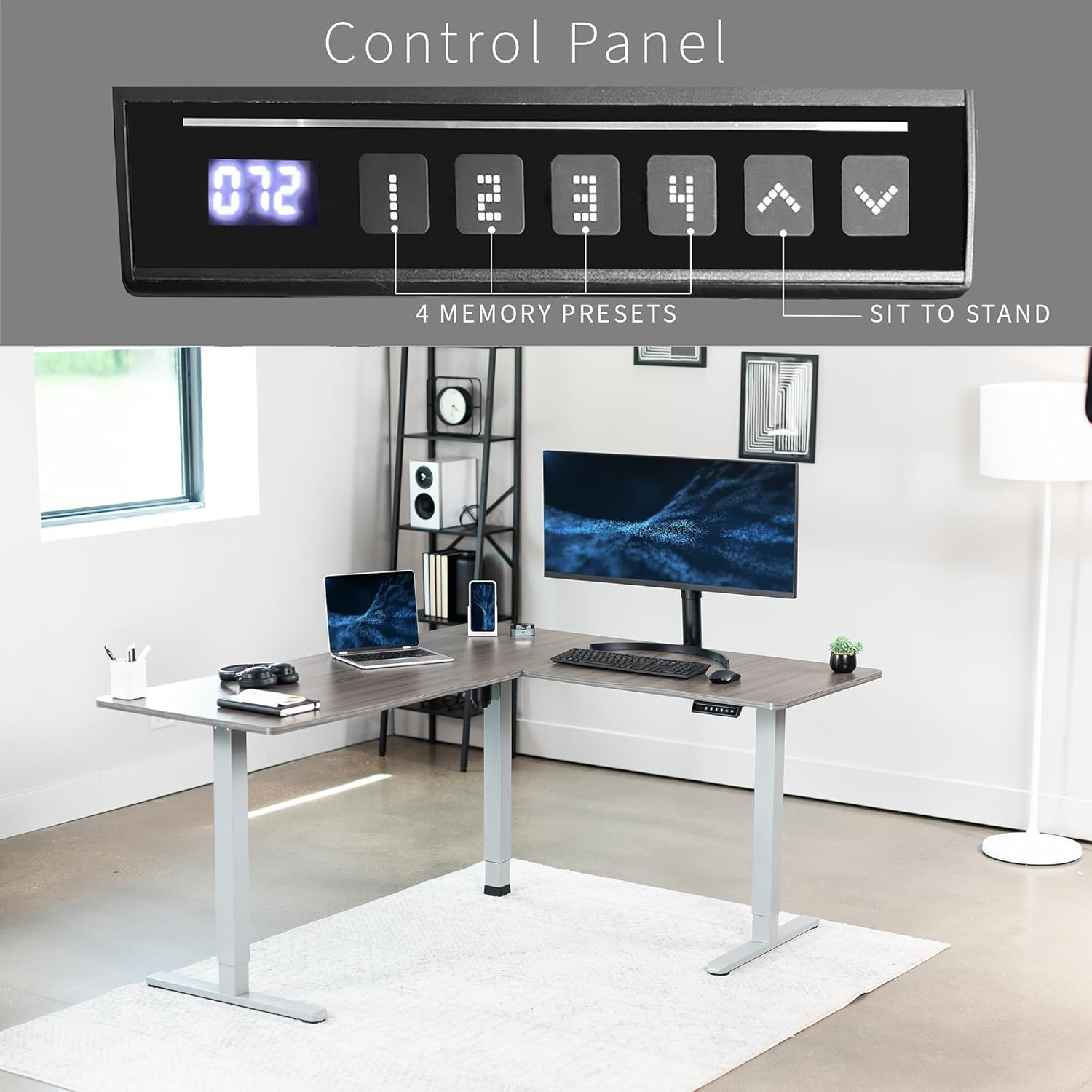 VIVO Electric Corner L-Shaped 63 x 55 in Standing Desk, Memory Height Adjustment, Dark Gray Top Gray Frame, DESK-E3CTGG