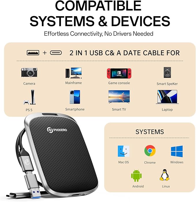 PHIXERO P5PLUS Portable SSD 1TB Up to 550MB/s, USB 3.2 Gen 2 External Solid State Drive，USB C to C&A for Smartphone，Tablet，PC，Labtop (Black)