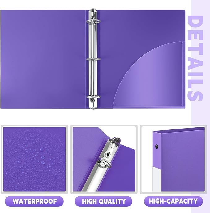 Henoyso 16 Pcs 3 Ring Binder 1/2'' Round Fits Letter Size 8. 5'' x 11'' Paper Plastic Flexible Binder Holds 100 Sheets with 1 Pockets Versatile Organizer for Office Home School (Purple)