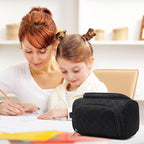 XQXA Extra Large Capacity Pencil Case Organizer, Multifunctional Pencil Pouch with Compartmens, Travel Simple Stationery Bag, Nylon Pencil Bag for Adults (Black Quilted)