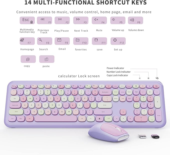 Wireless Keyboard and Mouse Combo, Colorful Ergonomic Full Size Retro Low-Noise Keyboard with Cute keycaps, Compatible with Windows, PC, Perfer for Home and Office Keyboards (Purple)