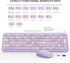 Wireless Keyboard and Mouse Combo, Colorful Ergonomic Full Size Retro Low-Noise Keyboard with Cute keycaps, Compatible with Windows, PC, Perfer for Home and Office Keyboards (Purple)
