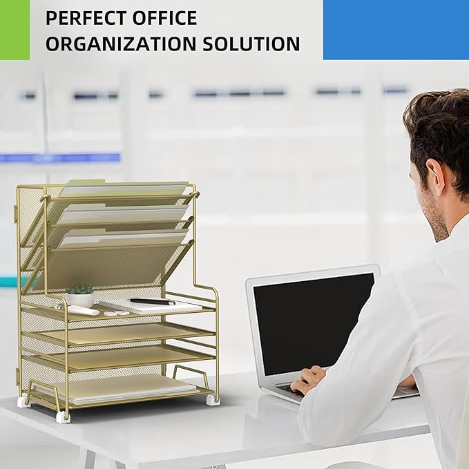 4-Tier Paper Organizer + 3-Pocket File Holder + Drawer + Pen Holders, Desktop File Organizers Paper Tray for Office Supplies School Classroom Organization (Gold, no Drawer & Pen Holder)
