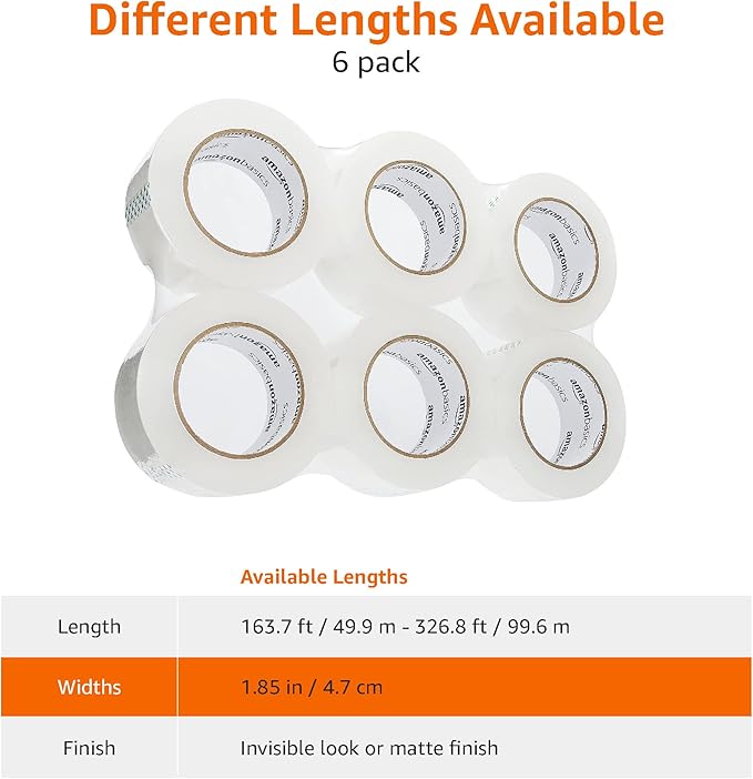 Amazon Basics Packing Tape for Moving boxes, Shipping Tape Refills, Clear, 1.88-Inch Wide x 109 Yards, 6-Pack, Total 654 Yards