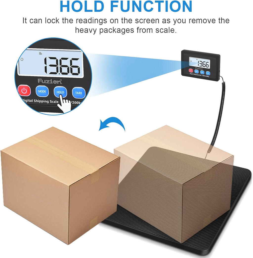 Fuzion Shipping Scale, 440LB x 10g High Accuracy Postal Scale, Hold/Tare Function, Digital Shipping Postal Scale for Packages, Postage, Luggage, Mailing, Battery & AC Adapter Included