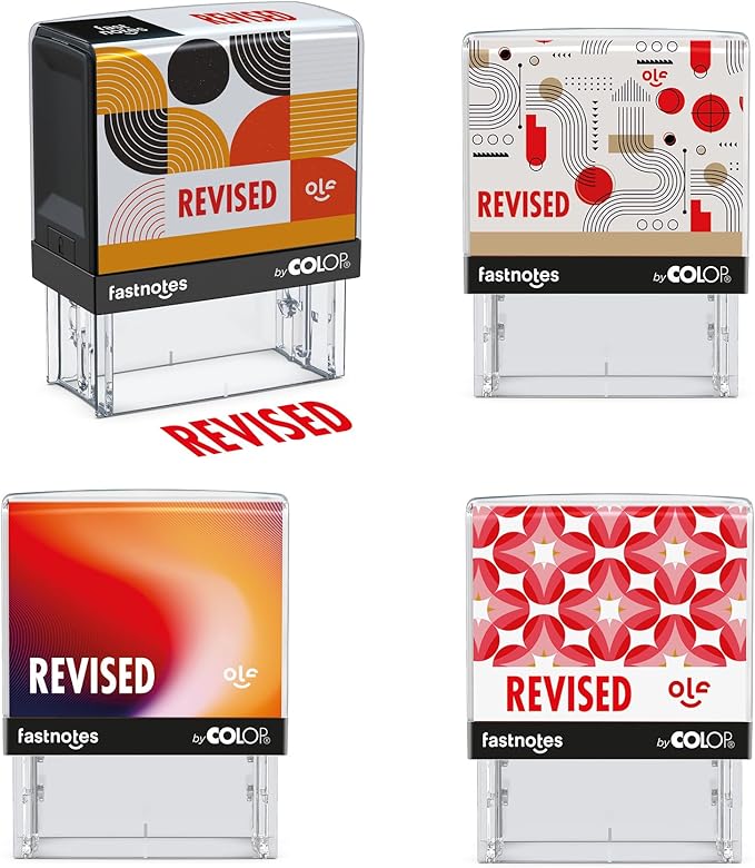 Fastnotes Revised Self-Inking Rubber Stamp by COLOP - Great for Office Documents, Notary, Warehouse, Accounting Paperwork, Business, and Legal Documentation - Red Ink (Revised- Red)