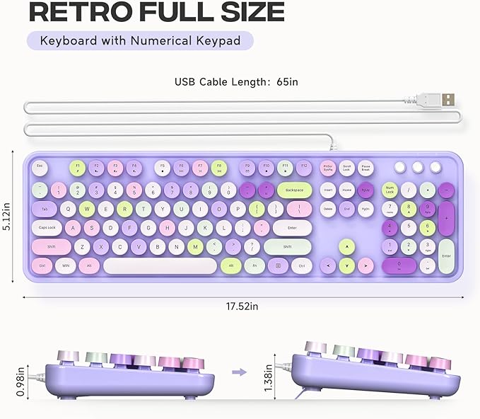 Computer Wired Keyboard, Plug Play USB Full-Size Keyboard with Large Number Pad, Caps Indicators, Foldable Stands, for Windows 7/8/10 PC Laptop (Purple Colorful)