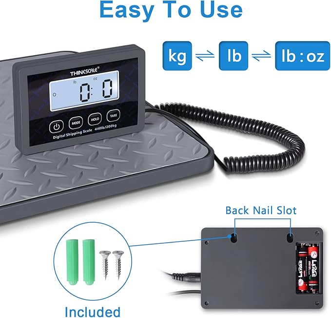 THINKSCALE Shipping Scale, 440 lbs/1 oz Highly Accurate Postal Scale with Hold/Tare/LCD Display, Lightweight Digital Postage Scale for Packages/Luggage/Post Office/Dog, Battery & AC Adapter Included