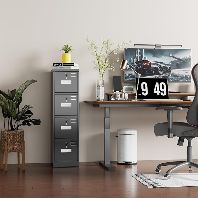 4 Drawer Metal Vertical File Cabinet with 4 Independent Locks, Home Office File Cabinet with Card Holder for Letter/Legal/A4 Folders, Black Filing Cabinet, Assembly Required, 4 Drawers