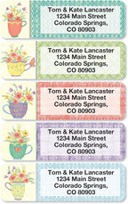 Teacups Rolled Personalized Return Address Mailing Labels with Dispenser, Set of 250, 5 Designs, Small ¾ x 2½ Inch Size, Custom Self-Adhesive Sticker Roll, by Colorful Images