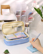 SKYDUE Cute School Supplies 44 PCS, Aesthetic Pencil Case with 12 Pastel Highlighters, 5 Black Gel Pens, 6 Color Gel Pens & Mechanical Pencils, College Essentials Students Stationary Set Blue