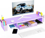 Spacrea Metal Desk Organizers and Accessories, Dual Monitor Stand Riser with Drawer and 2 Pen Holders, Desk Accessories & Workspace Desktop Organizers for Office Supplies (Purple)