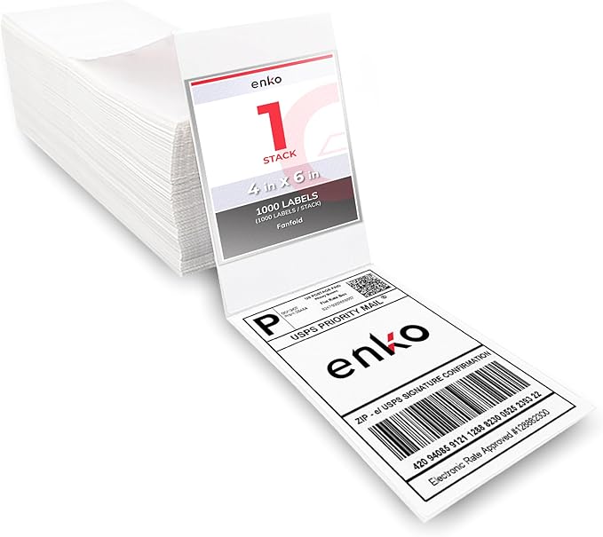 enKo 4x6 Thermal Fan Fold Labels Compatible for Rollo Printer - 1 Stack of 1000 4x6 Label Zebra Printer - Mailing Postal Label Paper, Perforated, Permanent Adhesive (2 Labels/Fold)