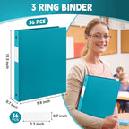 Henoyso 36 Pcs 3 Ring Binder 1/2'' Round Fits Letter Size 8. 5'' x 11'' Paper Plastic Flexible Binder Holds 100 Sheets with 1 Pockets Versatile Organizer for Office Home School (Turquoise)