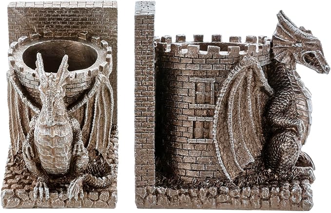MyGift Gothic Brown Resin Dragon Guarding Castle Pencil Cup Bookends, Office Desk Book Ends with Decorative Fantasy Dragons and Stone Tower Pen Holders, 1 Pair