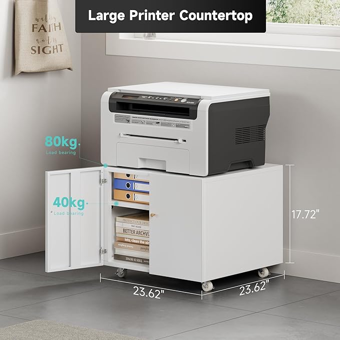 Warmiehomy Metal Printer Stand with Storage Mobile Printer Tables for Small Spaces with Door Adjustable Shelf White File Cabinet on Wheels for Home Office