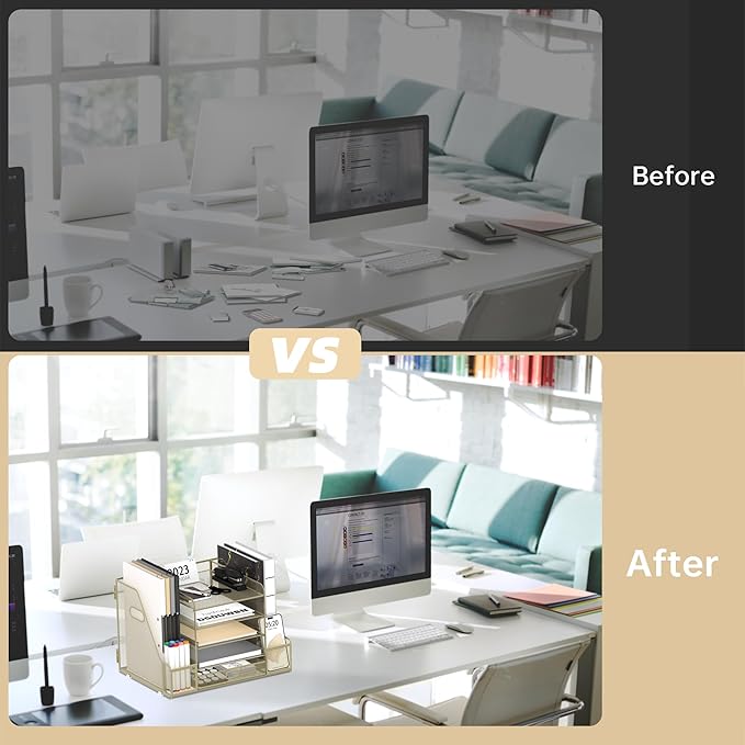 SUPEASY Mesh Desk Organizer with File Holder, 5-Tier Paper Letter Tray Organizer with Magazine Holder, Desktop Organizer and Storage with Drawer for Office Supplies Home or School, Yellow