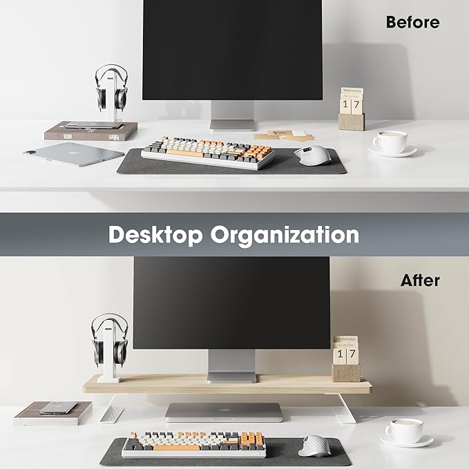 Fenge Monitor Stand Riser, Desk Top Shelf for 2 Monitors, Computer Stands for Desk, Wood & Steel Desktop Riser for Laptop, PC, Printer