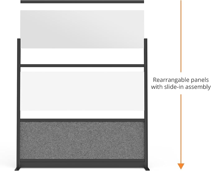 Stand Up Desk Store Workflow Modular Wall | 70'' x 70'' Wall | Expandable Partition Room Divider with Rearrangeable Frosted Acrylic, Sound Absorbent and Whiteboard Wide Panels (Black Frame)