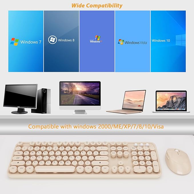 Wireless Keyboard and Mouse Combo, Cute Colorful 104 Keys Typewriter Retro Round Keycaps Keyboard for PC Laptop,Desktop,Windows, Home and Office Keyboards Coffee