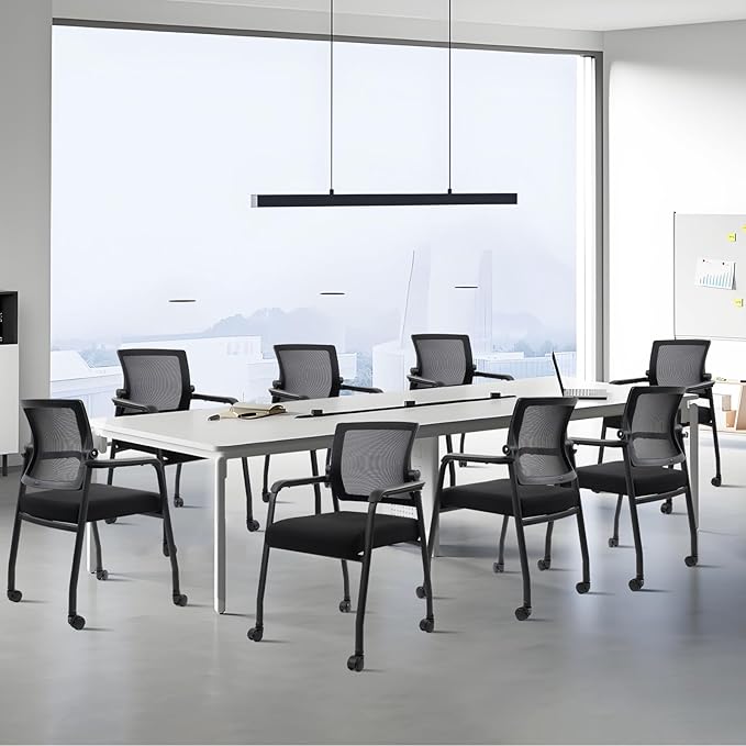 Waiting Room Chairs with Wheels, Adjustable Mesh Backrest, Desk Chair with Ergonomic Lumbar Support and Thickened Seats Cushion, 4 Pack Black