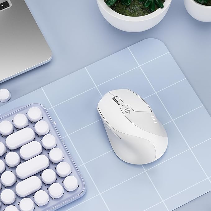 TENMOS M7 Bluetooth Mouse, Rechargeable Dual Mode BT5.1+ 2.4GHz USB Silent Wireless Mouse with Type C Adapter & Battery Indicator, Ergonomic Design for Laptop, iPad, MacBook-White and Grey