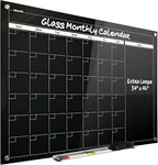 Real Glass Dry Erase Monthly Calendar, Giant Size 34" x 46", Tempered Glass Surface, Frameless Wall Mount, with 4 Assorted Color Markers and Eraser, by Better Office Products (Jet Black)