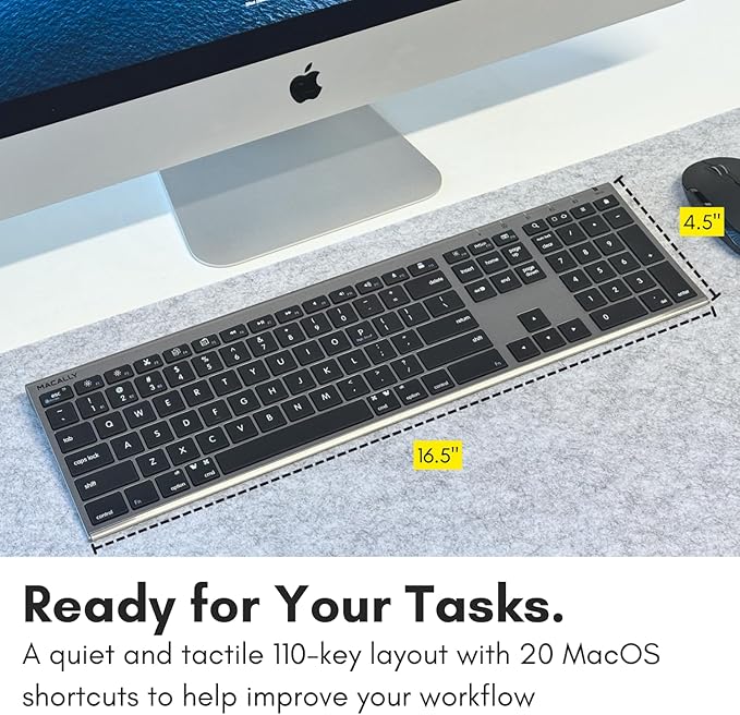 Macally Wireless Bluetooth Keyboard for Mac - Compatible Apple Keyboard or MacBook Pro/Air, iMac - Multi-Device, Up to 3 Devices with 110 Keys, 20 Shortcuts, Numeric Keypad, and Rechargeable