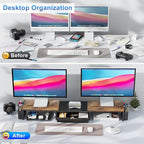 gianotter Dual Monitor Stand Riser, Desk Organizer With Drawer and 2 Pen Holders,Computer Monitor Stand, Desk Shelf for Top of Desk, Wood