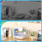 Marbrasse Desk Organizer and Accessories，4-Tier Paper Letter Tray Organizer with File Holder, Desk Accessories & Workspace Desk Organizers with Drawer and 2 Pen Holder (White, 15.4" x 9.1" x 8.3")