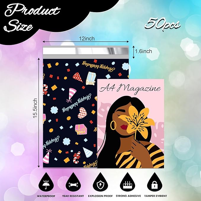 Happy Birthday Poly Mailer 12x15.5 Inch 50 Pcs, Waterproof Shipping Bags for Clothing, Tear-Resistant Mailier Bags, Strong Mailing Bags with Self-Seal