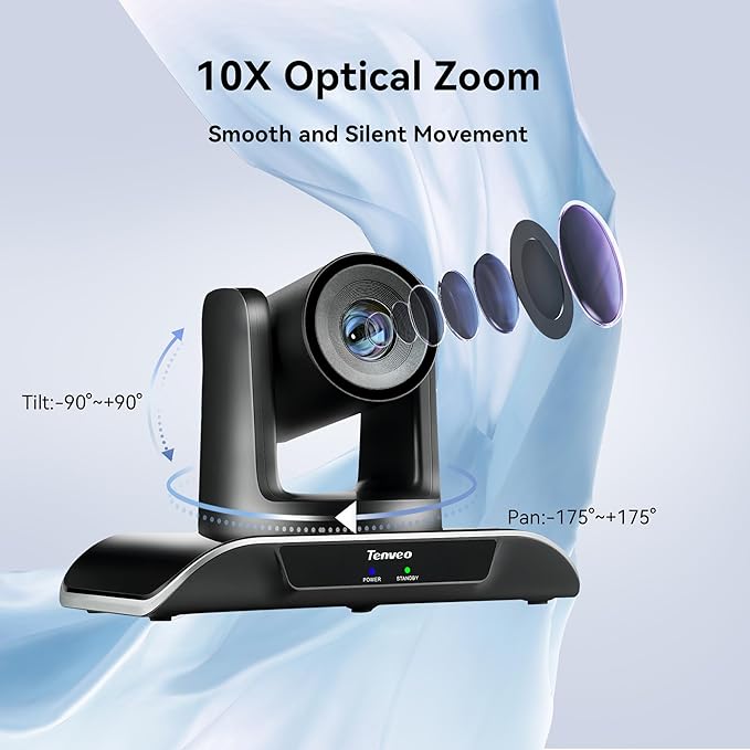 Tenveo PTZ Conference Room Camera 10X Optical Zoom USB3.0/HDMI/RS232 Wide Angle FHD 1080P 60FPS for Video Conferencing Business Meeting Live Streaming Church Services Worship Zoom Teams OBS