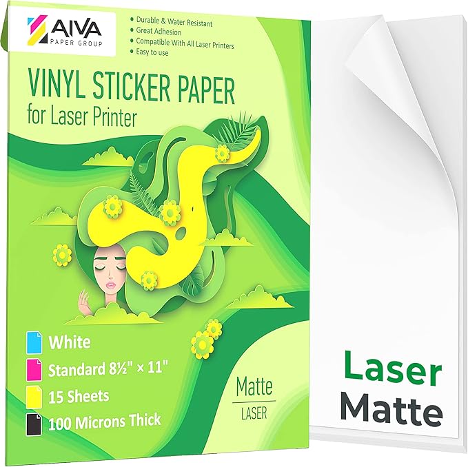 Printable Vinyl Sticker Paper for Laser Printer - Matte White - 15 Self-Adhesive Sheets - Waterproof Decal Paper - Standard Letter Size 8.5"x11"