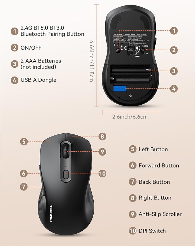 TECKNET Bluetooth Mouse, [ USB + BT1 + BT2 ] Wireless Mouse for Laptop, Silent Click, Full-Size, 4800 DPI Computer Mice Wireless, Dual Mode for Laptop, Computer, iPad, MacBook