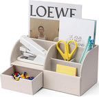 Vlando Office Desk Organizer Leather Desktop Organizer Caddy with Drawer for Storing Desktop Supplies and Accessories (White)