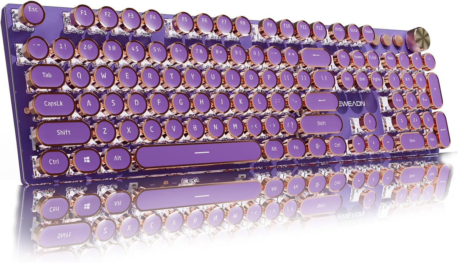 EWEADN V20 Typewriter Keyboard Wireless, 104 Keys Typewriter Style Mechanical with White Backlit, Media Knob, Pink Switch 2.4G/Bluetooth/USB-C Wired Retro Full Size Keyboard for Windows/Mac/PC-Purple