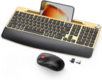 Ergonomic Wireless Keyboard and Mouse with Wrist Rest，Phone Holder - 2.4GHz Full-Sized Low-Profile Quiet Gold Wireless Mouse and Keyboard Combo for Computer, Laptop, PC, Mac-Gold