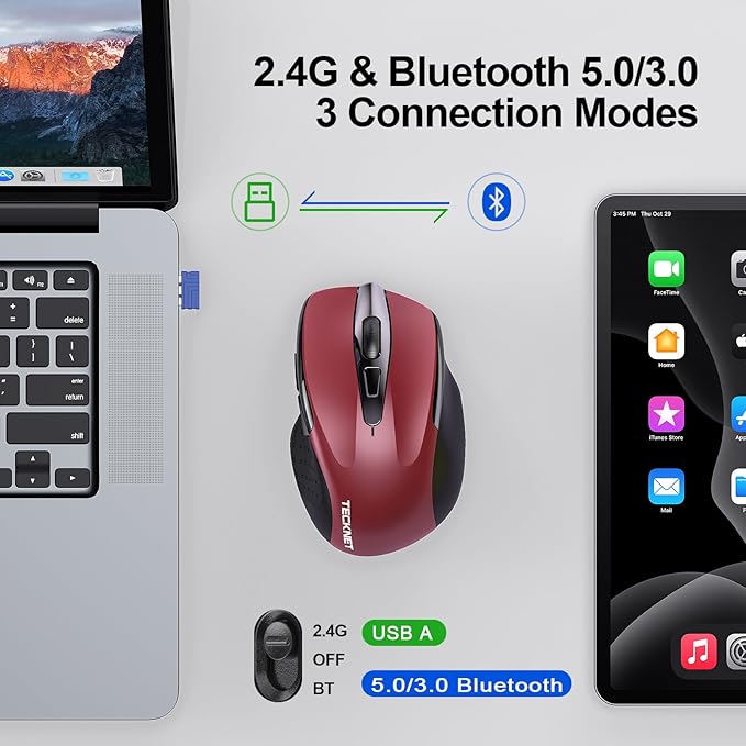 TECKNET Wireless Mouse (BT5.0/3.0 & 2.4G) Rechargeable 4800 DPI Silent USB A & Bluetooth Mouse 6 Buttons, Wide Compatibility - Red