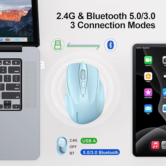 TECKNET Wireless Mouse (BT5.0/3.0 & 2.4G) Rechargeable 4800 DPI Silent USB A & Bluetooth Mouse 6 Buttons, Wide Compatibility - Lightblue