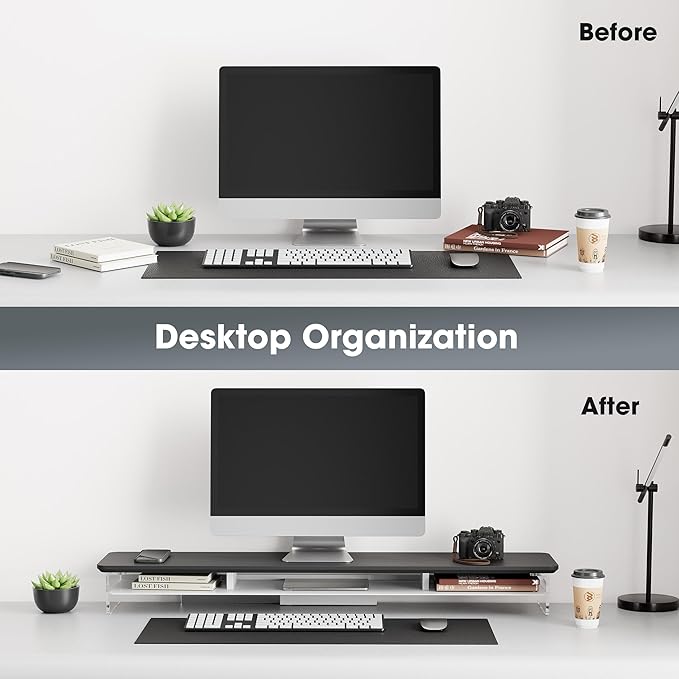 Fenge Acrylic Monitor Stand Riser, 42.5 Inches Dual Monitor Stand with Metal Storage, 2 Tier Acrylic Computer Riser for Desk, Clear Laptop Stand for PC, Laptop, Printer, TV, Black