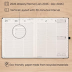POPRUN 2026 Planner - 2026 Recycled Weekly Planner[8.5''x 10.5''- Italian Regenrated Leather Hard Cover] with Hourly Schedule & Vertical Weekly Layout, Monthly Tabs, Inner Pocket - Desert Brown