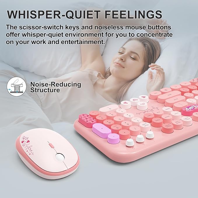 FOPETT Wireless Keyboard and Mouse Combo - 2.4G Full-Sized Cute Colorful Retro Keyboard with Round Keycaps 104 Keys Typewriter Keyboard for Laptop/Windows/PC-Pink Colorful