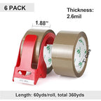 BOMEI PACK Brown Packing Tape with Dispenser, 2.6 Mil 1.88 Inch x 60 Yards, 6 Refills Rolls Moving Tape for Box Packaging, Shipping and Storage