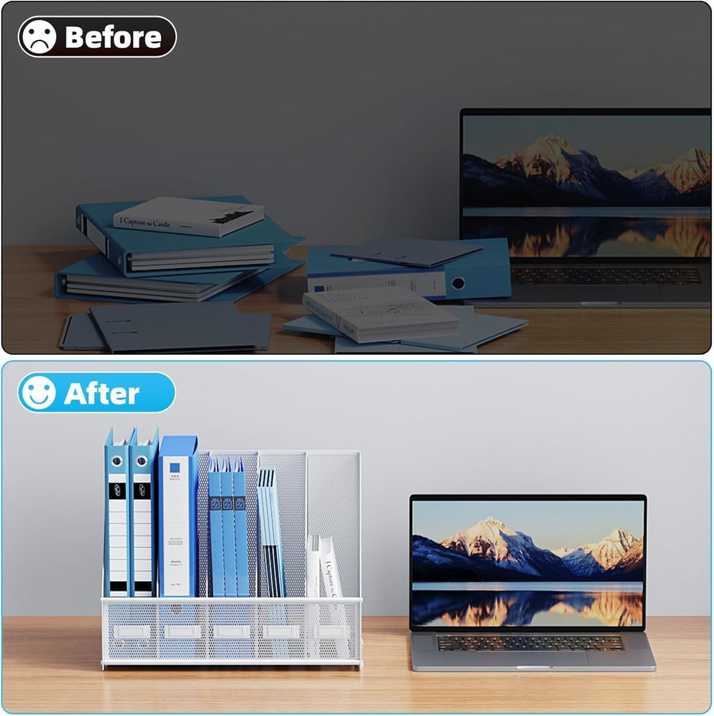 Marbrasse File Organizer for Desk,Desk File Organizer with 5 Vertical Compartments Mesh Magazine File Holder for Office Home School