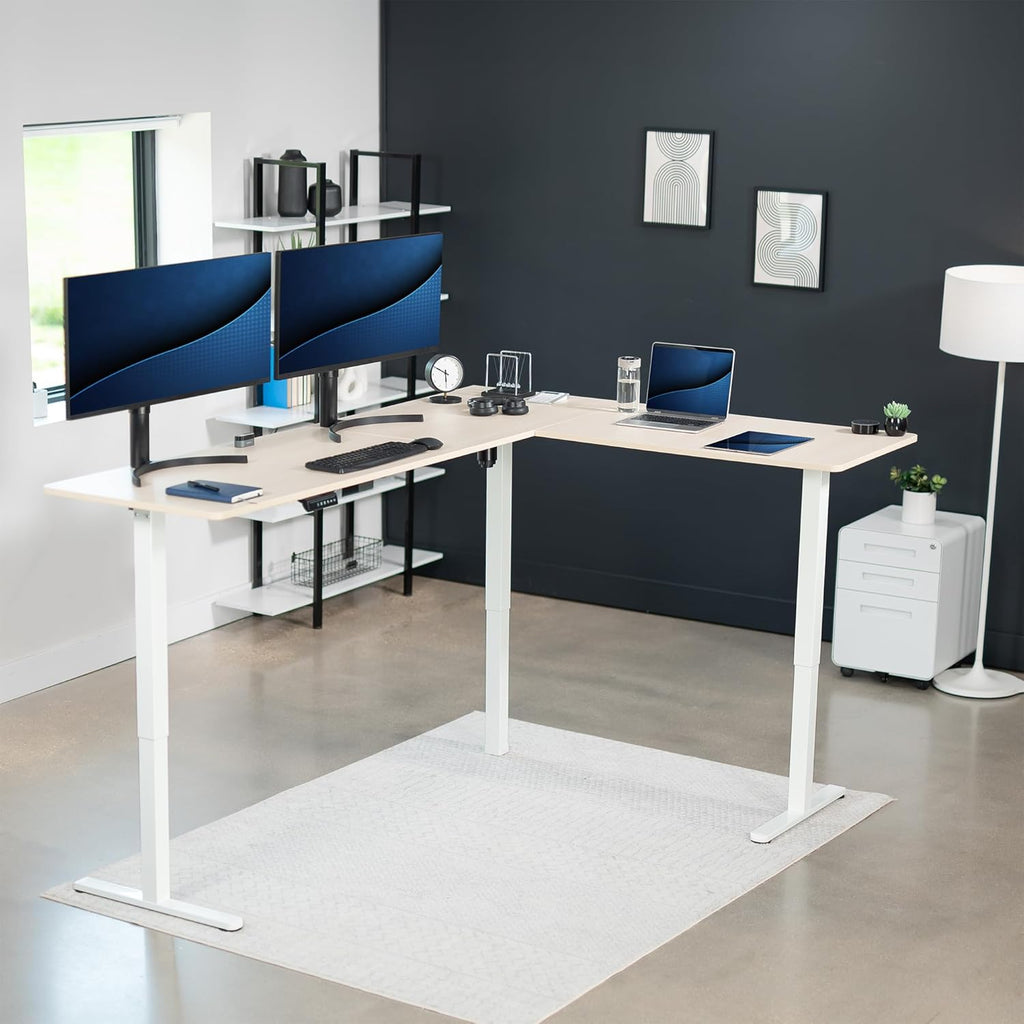 VIVO Electric Corner L-Shaped 84 x 63 in Standing Desk, Memory Height Adjustment, Light Wood Top White Frame, DESK-E3CTWC-84